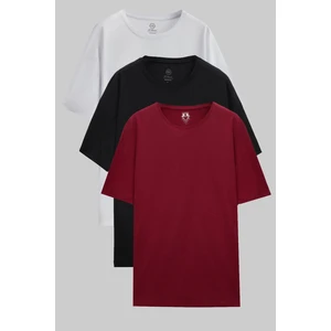 Ds Damat Comfort Beyaz/Bordo/Siyah 3'Lü Bol Kesim %100 Pamuk T-Shirt 6HC14ORTBN036