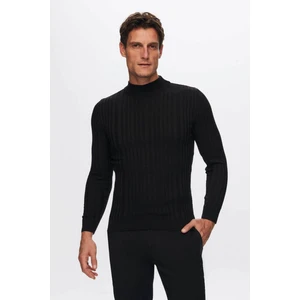 Slim Fit Siyah Fitilli Pamuk Karışımlı Yarım Balıkçı Dar Kesim Vücudu Saran Triko Kazak 5HF06ORT64100