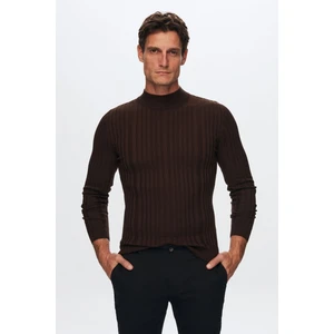 Slim Fit Kahverengi Fitilli Pamuk Karışımlı Yarım Balıkçı Dar Kesim Vücudu Saran Triko Kaza 5HF06ORT64100