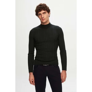Slim Fit Haki Fitilli Pamuk Karışımlı Yarım Balıkçı Dar Kesim Vücudu Saran Triko Kazak 5HF06ORT64100