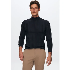 Slim Fit Lacivert Fitilli Pamuk Karışımlı Yarım Balıkçı Dar Kesim Vücudu Saran Triko Kazak 5HF06ORT64100