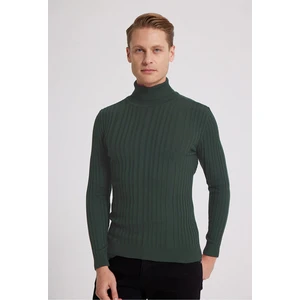 Slim Fit Haki Fitilli Pamuk Karışımlı Boğazlı Triko Kazak 5HF06ORT63100