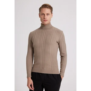 Slim Fit Bej Fitilli Pamuk Karışımlı Boğazlı Triko Kazak 5HF06ORT63100