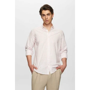 Slim Fit Pembe Çizgili Düğmeli Yaka %100 Pamuk Flamlı Yazlık Keten Görünümlü Gömlek 0HC02ORT06265