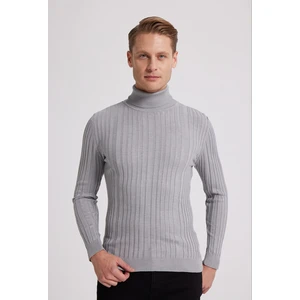 Slim Fit Gri Fitilli Pamuk Karışımlı Boğazlı Triko Kazak 5HF06ORT63100