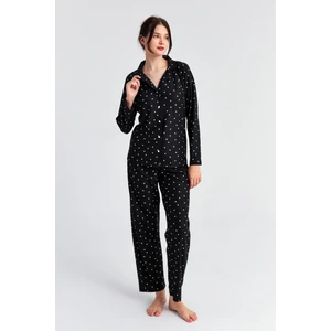 Kadın Siyah Yıldız Uzun Kol Bebe Yaka Pantolon Pijama Takım