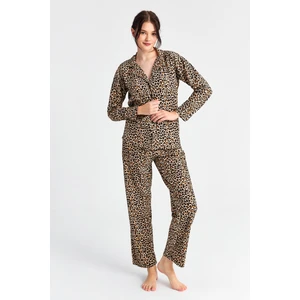 Kadın Leopar Desenli Uzun Kol Bebe Yaka Pantolon Pijama Takım