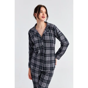 Kadın Gri Siyah Ekose Desen Uzun Kol Bebe Yaka Pantolon Pijama Takım