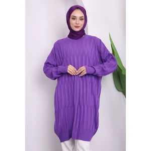 Mor Bisiklet Yaka Merserize Salaş Triko Tunik