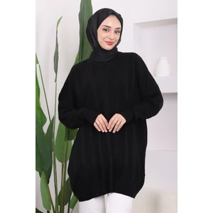 Siyah Bisiklet Yaka Merserize Salaş Triko Tunik