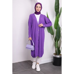 Mor Düğmeli Uzun Triko Merserize Hırka