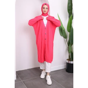 Fuşya Düğmeli Uzun Triko Merserize Hırka