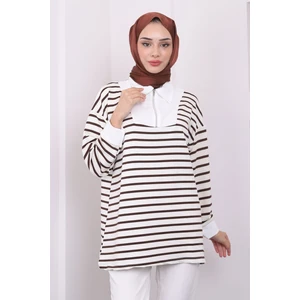 Koyu Kahve Yaka Fermuarlı Çizgili İki İplik Sweatshirt