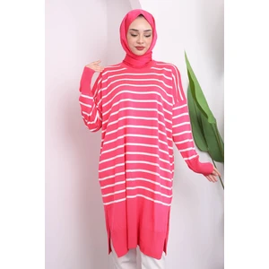 Pembe Çizgili Yırtmaçlı Merserize Triko Tunik