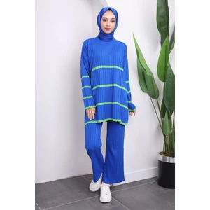 Saks Mavi Çizgili Triko Tunik Pantolon İkili Takım
