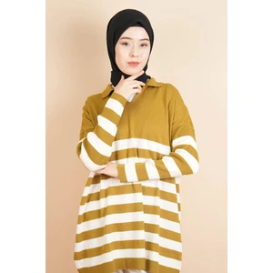 Kız Kulesi Tekstil V Yakalı Üst Gömlek Yaka Çizgili Basic Tunik Kazak Yağ Yeşili