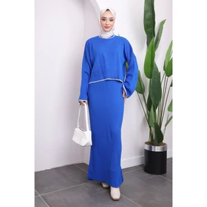 Saks Mavi Triko Crop Elbiseli İkili Takım