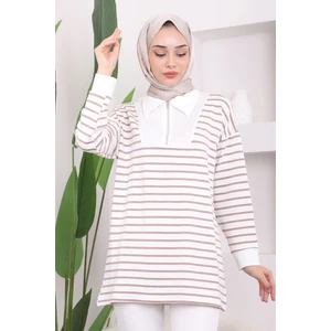 Vizon Yaka Fermuarlı Çizgili İki İplik Sweatshirt