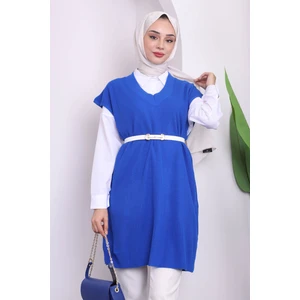 Saks Mavi V Yaka Yırtmaçlı Selanik Triko Süveter