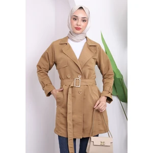 Camel Cepli Bel Kuşaklı Kısa Trençkot