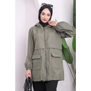 İmaj Butik Haki Kapüşonlu Fermuarlı Kısa Trenç