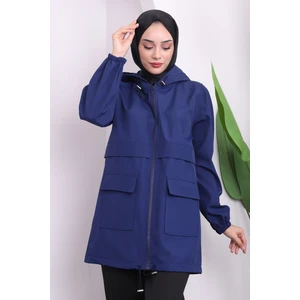 Lacivert Kapüşonlu Fermuarlı Kısa Trenç