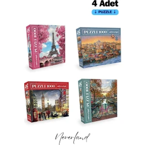 4 Adet 1000 Parça Puzzle - Eyfel / Istanbul Evening / London / Amsterdam