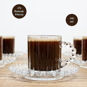 12 Parça Cam Kahve Fincan Takımı Seti Boncuk Kulplu Kahve Sunum Bardağı 6 Kişilik