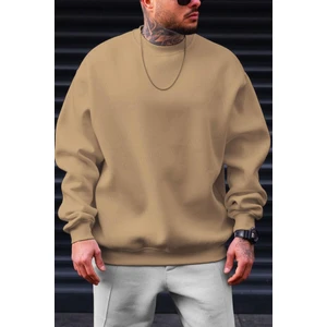 Erkek Camel Basic 0 Sıfır Yaka Baskısız Düz Oversize Salaş Bol Kesim Polar Sweatshirt
