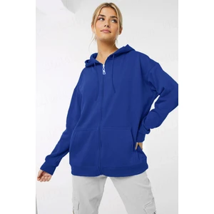 Kadin Saks Mavisi Kapüşonlu Fermuarlı 3 Üç Iplik Polar Kanguru Oversize Salaş Sweatshirt Zip Up Hoodie