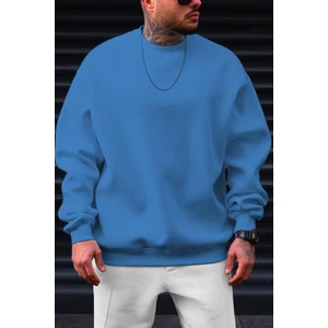 Erkek Mavi Basic 0 Sıfır Yaka Baskısız Düz Oversize Salaş Bol Kesim Polar Sweatshirt