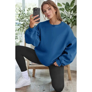 Kadın Mavi Basic 0 Sıfır Yaka Baskısız Düz Oversize Salaş Bol Kesim Polar Sweatshirt