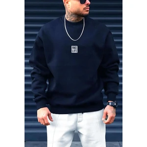 Erkek Lacivert Free Life Baskılı Kalın Soft 3 Iplik Içi Şardonlu 0 Sıfır Yaka Oversize Salaş Sweatshirt