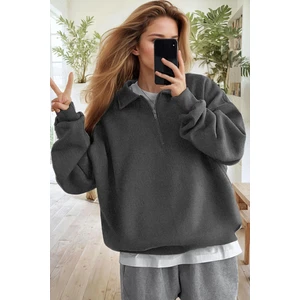 Kadın Antrasit Yarım Fermuar Polo Yaka 3 Iplik Içi Polarlı Şardonlu Oversize Sweatshirt
