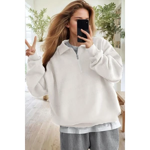 Kadın Ekru Kırık Beyaz Yarım Fermuar Polo Yaka 3 Iplik Içi Polarlı Şardonlu Oversize Sweatshirt