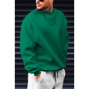 Erkek Yeşil Basic 0 Sıfır Yaka Baskısız Düz Oversize Salaş Bol Kesim Polar Sweatshirt