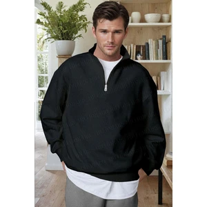 Erkek Siyah Balıkçı Yaka 3 Iplik Içi Polarlı Şardonlu Oversize Sweatshirt