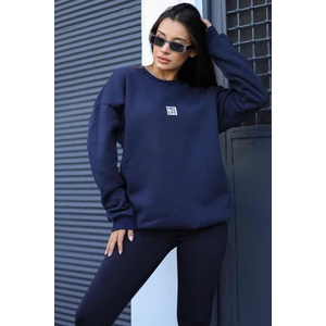 Kadın Lacivert Free Life Baskılı 0 Sıfır Yaka Oversize Salaş Bol Kesim Polar Sweatshirt