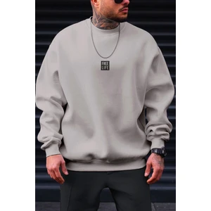 Erkek Koyu Gri Free Life Baskılı Kalın Soft 3 Iplik Içi Şardonlu 0 Sıfır Yaka Oversize Salaş Sweatshirt