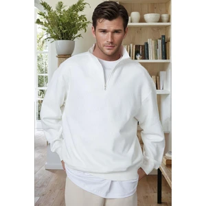 Erkek Ekru Kırık Beyaz Balıkçı Yaka 3 Iplik Içi Polarlı Şardonlu Oversize Sweatshirt