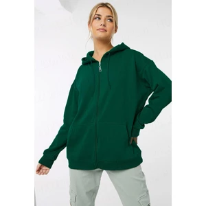 Kadin Yeşil Kapüşonlu Fermuarlı 3 Üç Iplik Polar Kanguru Oversize Salaş Sweatshirt Zip Up Hoodie