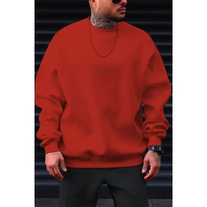 Erkek Kırmızı Basic 0 Sıfır Yaka Baskısız Düz Oversize Salaş Bol Kesim Polar Sweatshirt