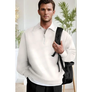 Erkek Ekru Kırık Beyaz Yarım Fermuar Polo Yaka 3 Iplik Içi Polarlı Şardonlu Oversize Sweatshirt