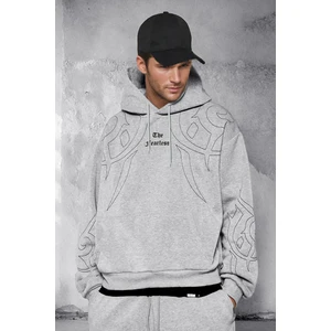 Erkek Gri The Fearless 3 Iplik Şardonlu Kapüşonlu Kanguru Cepli Oversize Salaş Hoodie Sweatshirt