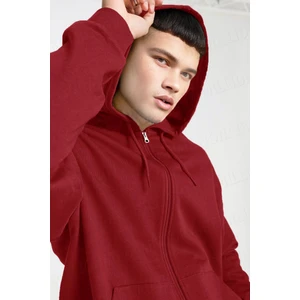 Erkek Kırmzı Kapüşonlu Fermuarlı 3 Üç Iplik Polar Kanguru Oversize Sweatshirt Zip Up Hoodie