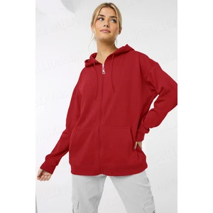 Kadin Kırmızı Kapüşonlu Fermuarlı 3 Üç Iplik Polar Kanguru Oversize Salaş Sweatshirt Zip Up Hoodie