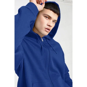 Erkek Saks Mavisi Kapüşonlu Fermuarlı 3 Üç Iplik Polar Kanguru Oversize Sweatshirt Zip Up Hoodie