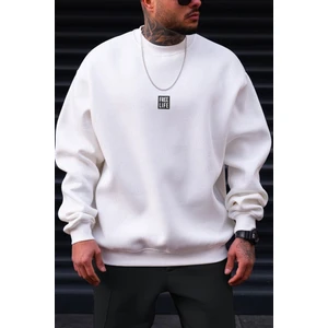 Erkek Ekru Free Life Baskılı Kalın Soft 3 Iplik Içi Şardonlu 0 Sıfır Yaka Oversize Salaş Sweatshirt