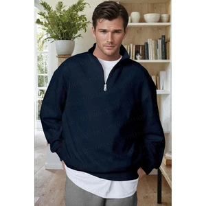 Erkek Lacivert Balıkçı Yaka 3 Iplik Içi Polarlı Şardonlu Oversize Sweatshirt