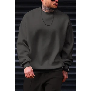 Erkek Petrol Füme Basic 0 Sıfır Yaka Baskısız Düz Oversize Salaş Bol Kesim Polar Sweatshirt